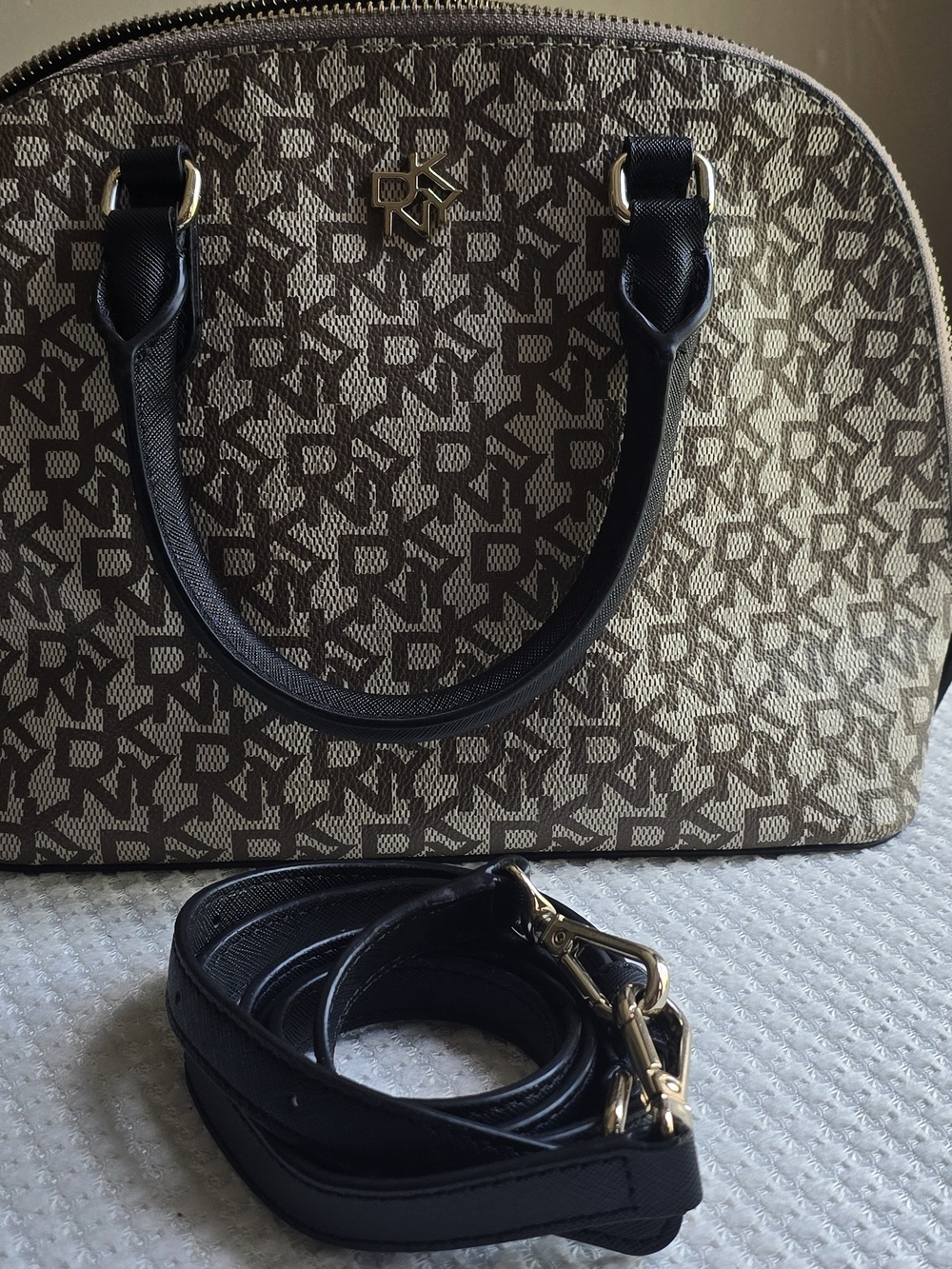 DKNY Beige Logo Dome Satchel with Black Handles and Gold Hardware